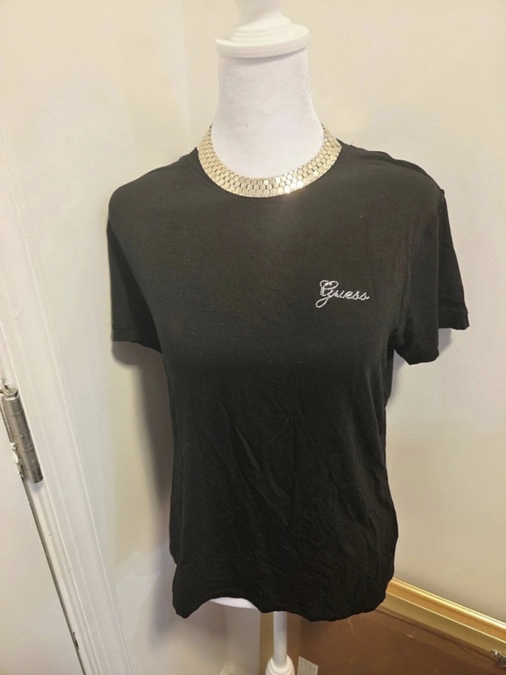 Guess Rhinestone Basic Logo T-Shirt Short Sleeve Tee in Black Size Large